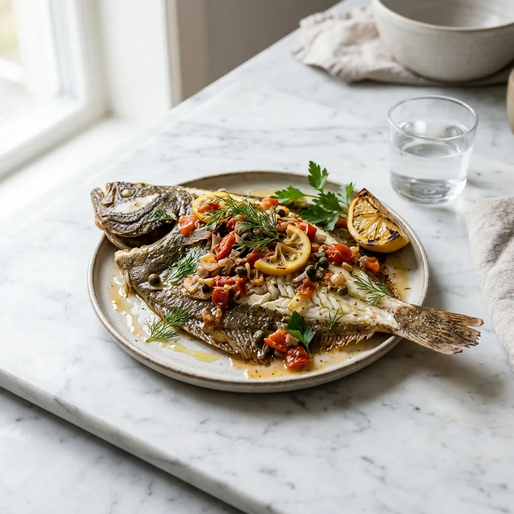Nylaget sandflyndre i ovn servert på en appetittlig og hjemmelaget måte
