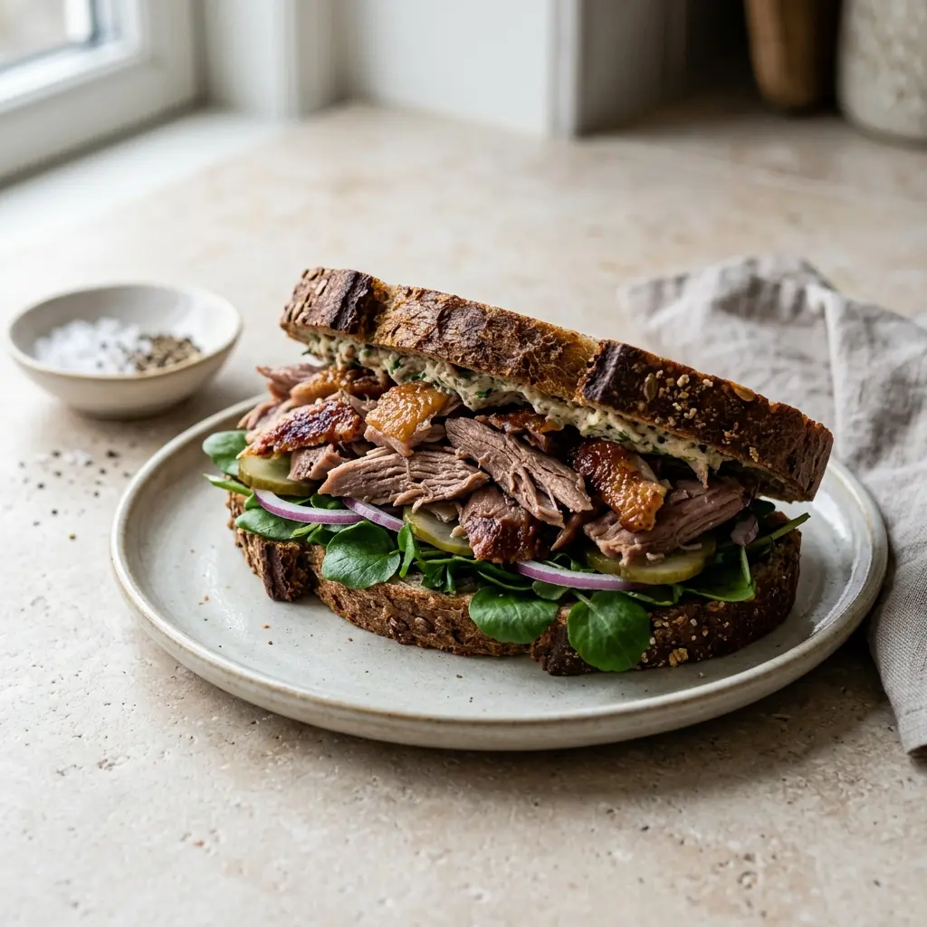 Nylaget sandwich med and servert på en appetittlig og hjemmelaget måte