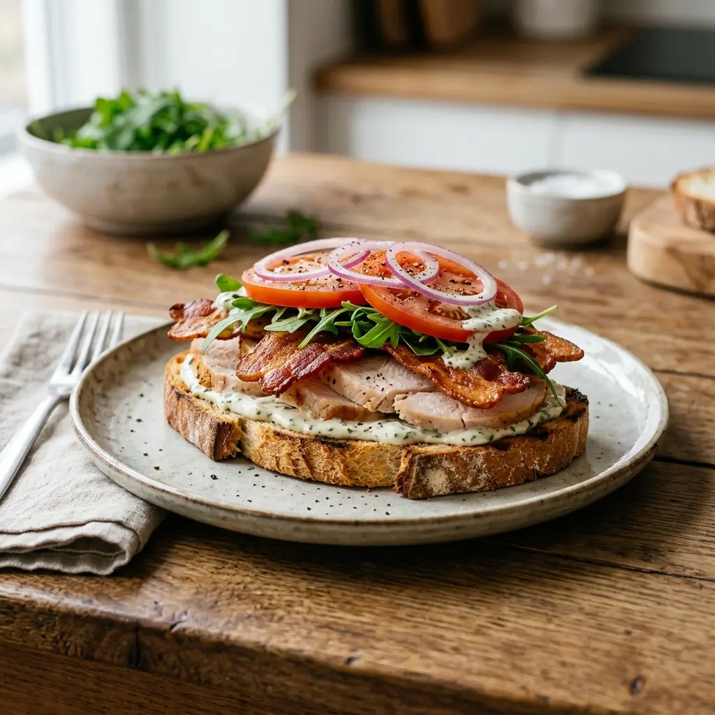 Nylaget sandwich med kalkun og bacon servert på en appetittlig og hjemmelaget måte