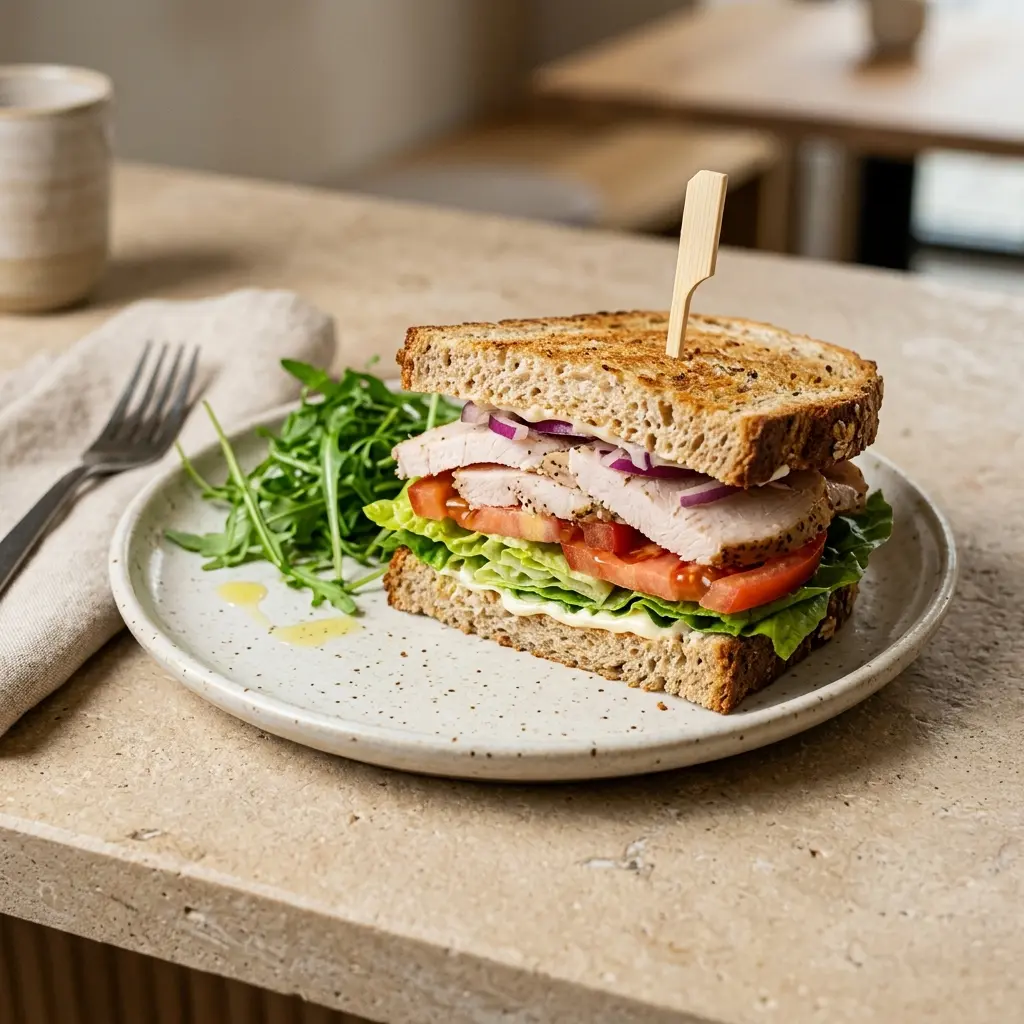 Nylaget sandwich med kalkun servert på en appetittlig og hjemmelaget måte
