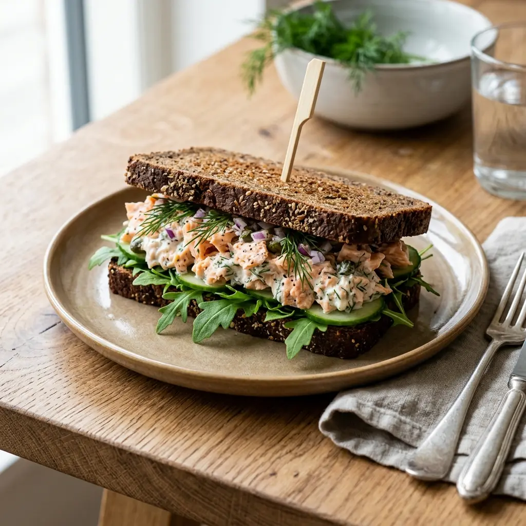 En frisk porsjon sandwich med laksesalat med ferske råvarer og fin servering