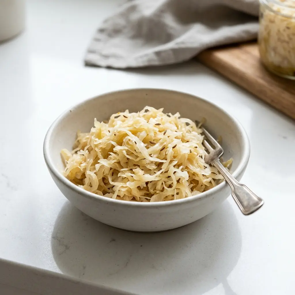 Nylaget sauerkraut servert på en appetittlig og hjemmelaget måte