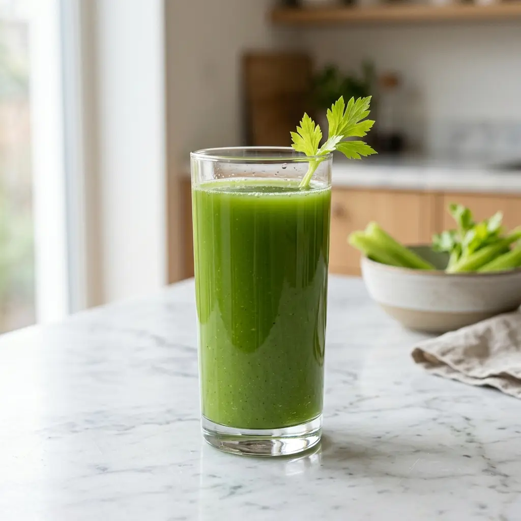Et glass sellerijuice servert kaldt og friskt med enkel pynt