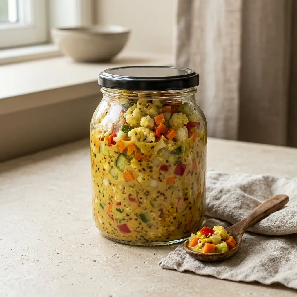 Nylaget sennepspickles servert på en appetittlig og hjemmelaget måte