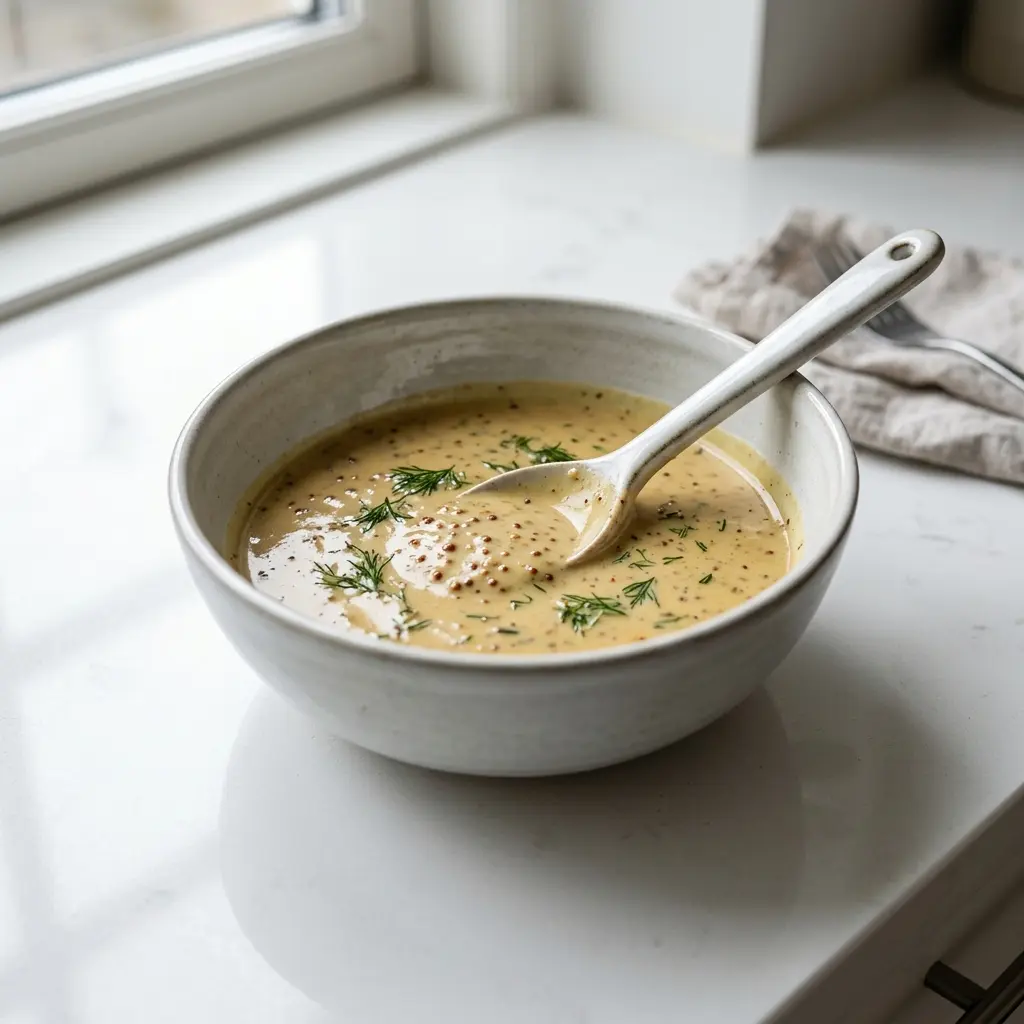 En skål med sennepssaus klar til servering som smakfullt tilbehør