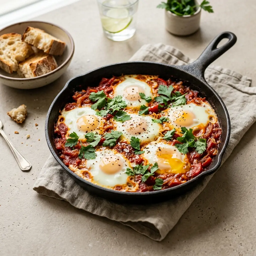 Nylaget shakshuka servert på en appetittlig og hjemmelaget måte