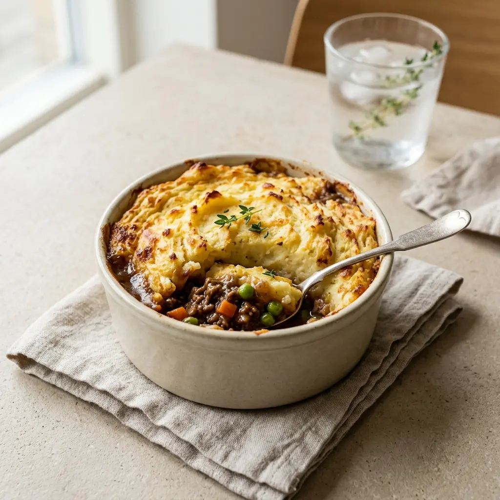 Nylaget shepherd's pie servert på en appetittlig og hjemmelaget måte