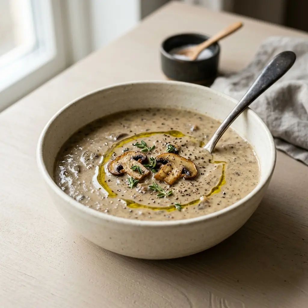 En varm porsjon sjampinjongsuppe servert på en innbydende måte