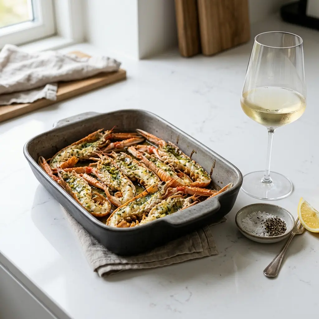 Nylaget sjøkreps i ovn servert på en appetittlig og hjemmelaget måte