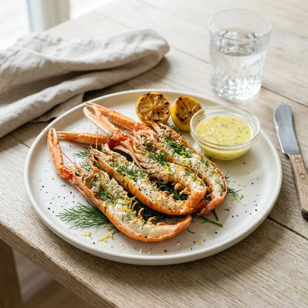 Nylaget sjøkreps med dill og sitron servert på en appetittlig og hjemmelaget måte