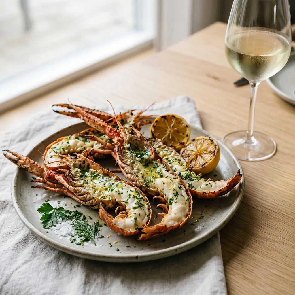 Nylaget sjøkreps med kryddersmør servert på en appetittlig og hjemmelaget måte
