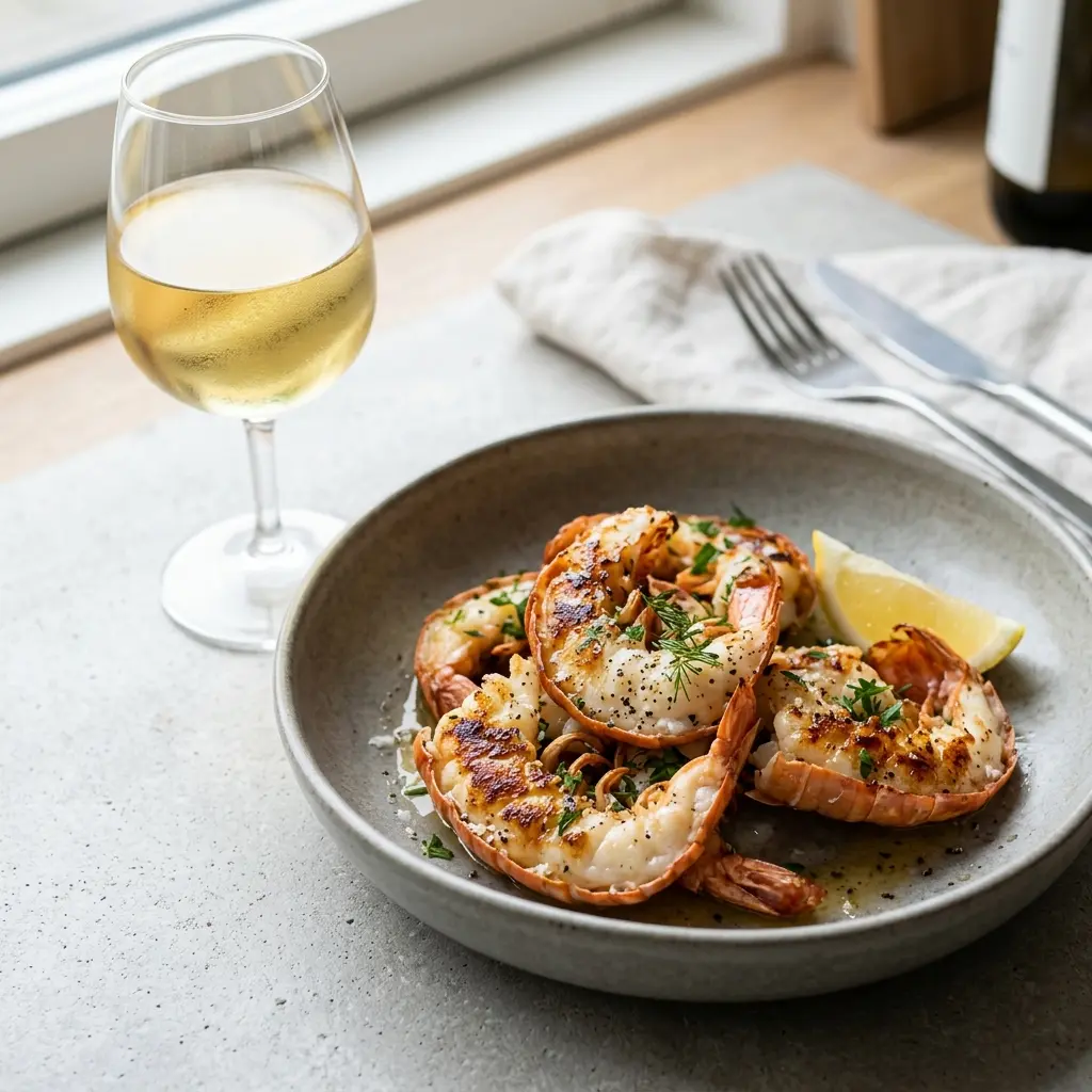 Nylaget sjøkrepsehaler i stekepanne servert på en appetittlig og hjemmelaget måte