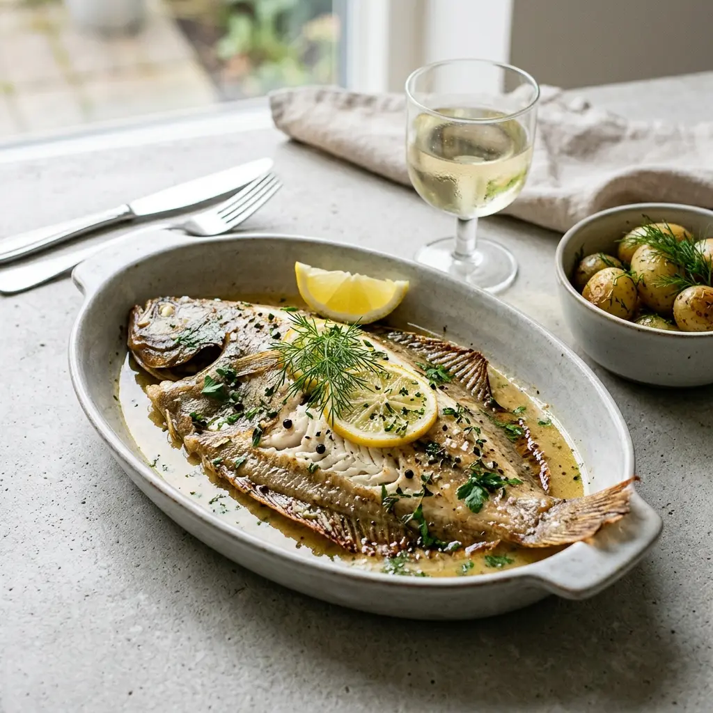 Nylaget sjøtunge i ovn servert på en appetittlig og hjemmelaget måte