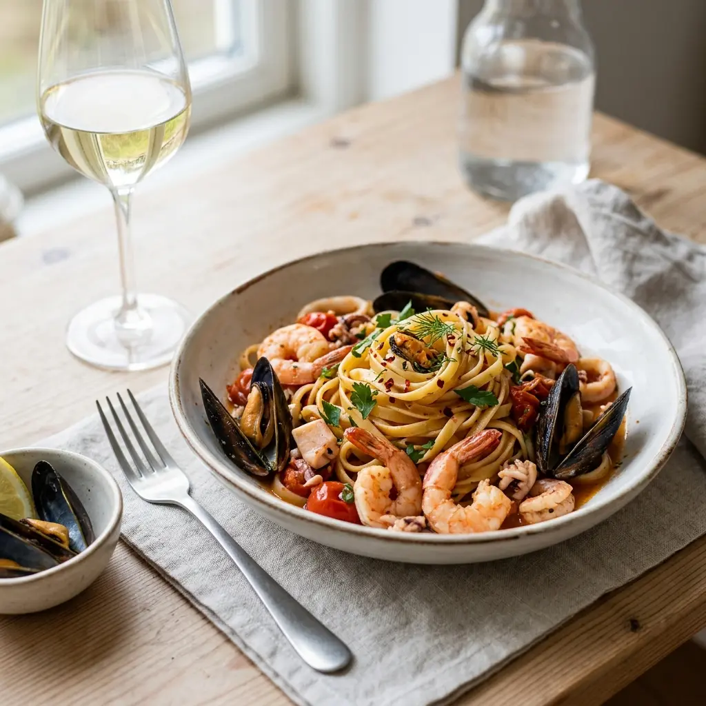 Nylaget skalldyrpasta servert på en appetittlig og hjemmelaget måte