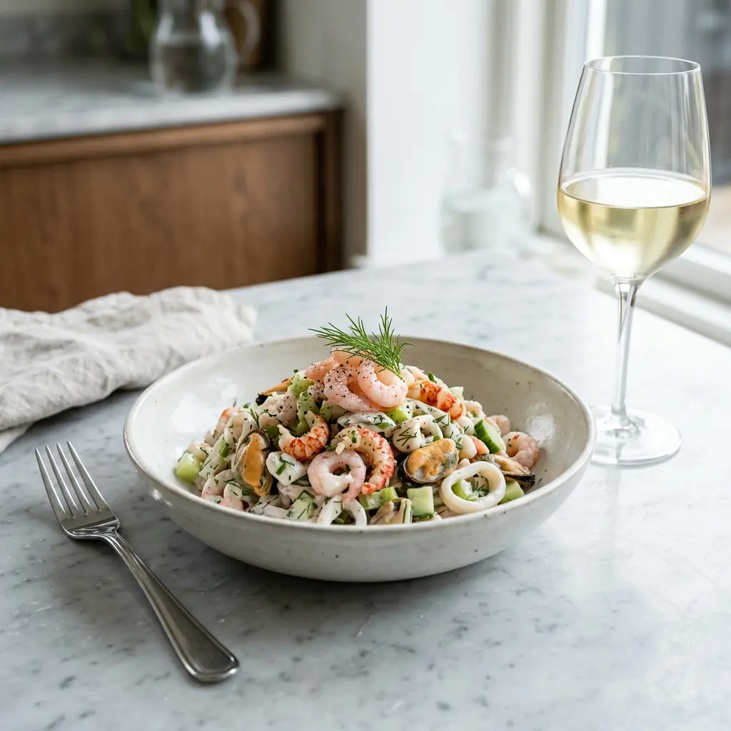 Skalldyrsalat med dressing servert som frisk salat