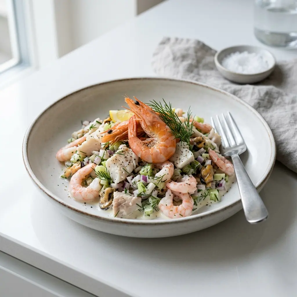 En frisk porsjon skalldyrsalat med reker med ferske råvarer og fin servering