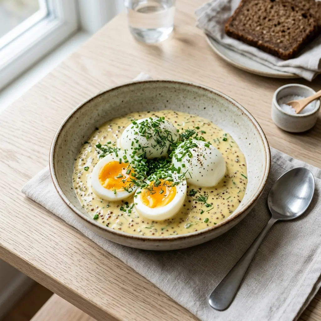 Nylaget skidne egg servert på en appetittlig og hjemmelaget måte