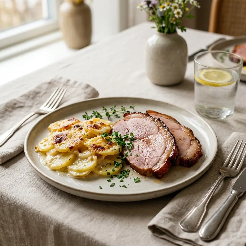 Nylaget skinke med fløtegratinerte poteter servert på en appetittlig og hjemmelaget måte