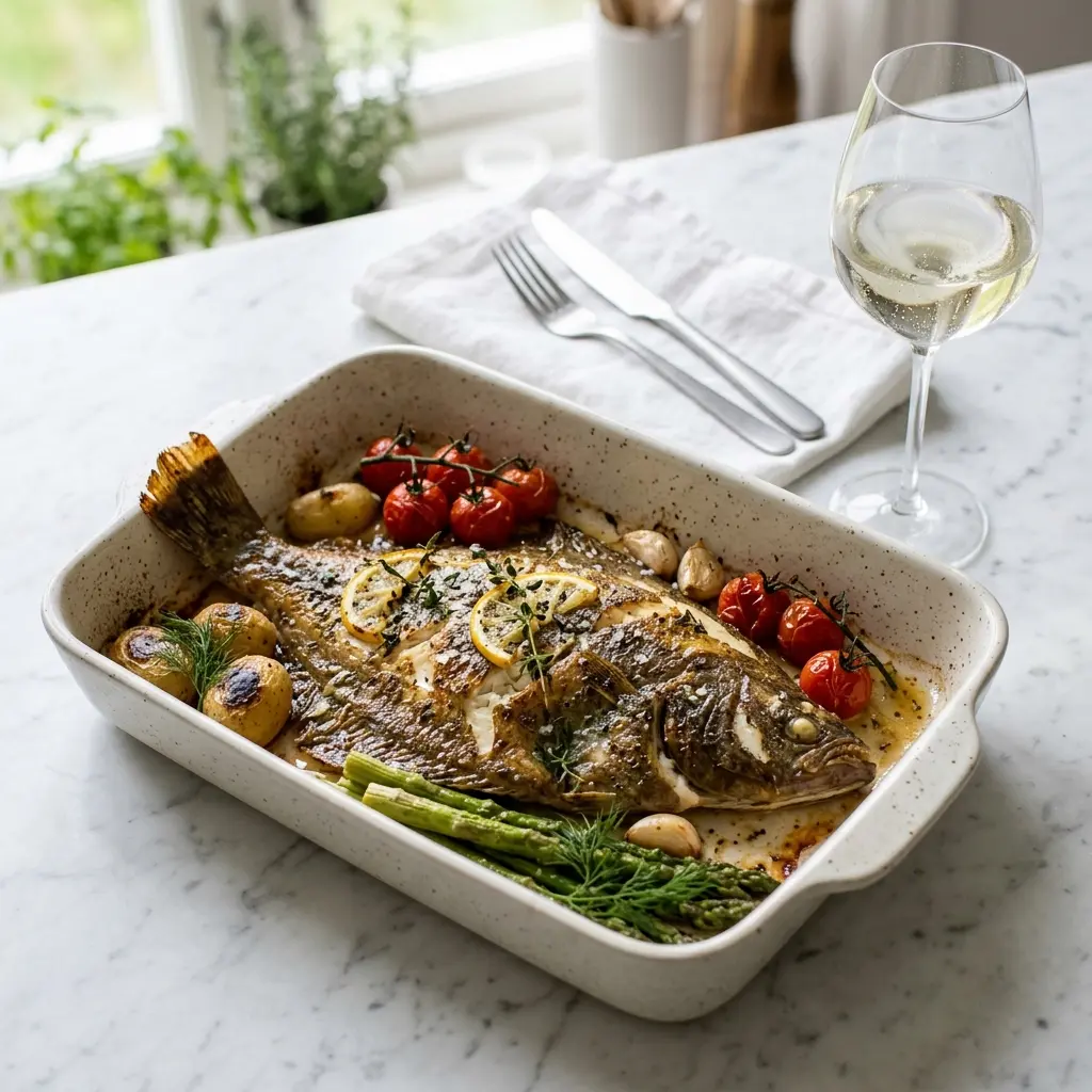 Nylaget skrubbe i ovn servert på en appetittlig og hjemmelaget måte