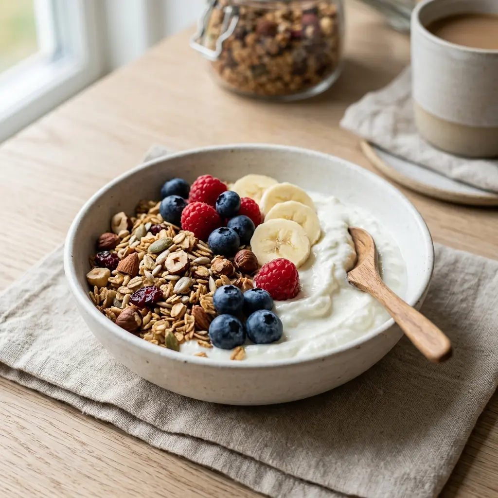 Nylaget skyr med granola servert på en appetittlig og hjemmelaget måte