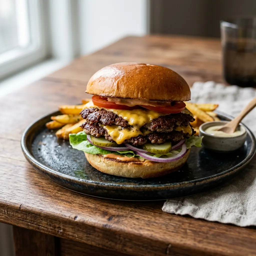 Nylaget smash burger servert på en appetittlig og hjemmelaget måte