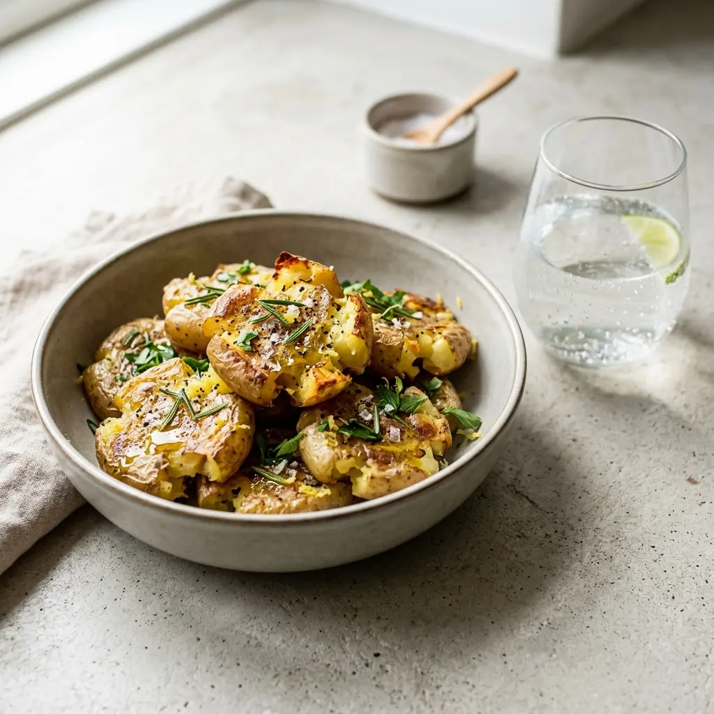 Nylaget smashed potatoes servert på en appetittlig og hjemmelaget måte