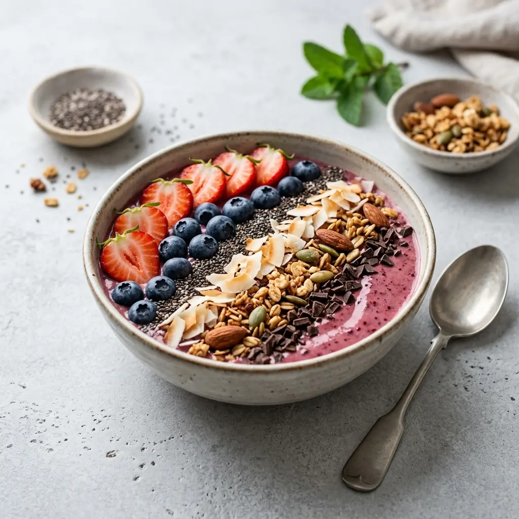 Et glass smoothie bowl servert kaldt og friskt med enkel pynt