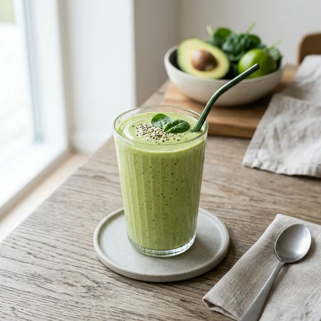 Et glass smoothie med avokado servert kaldt og friskt med enkel pynt