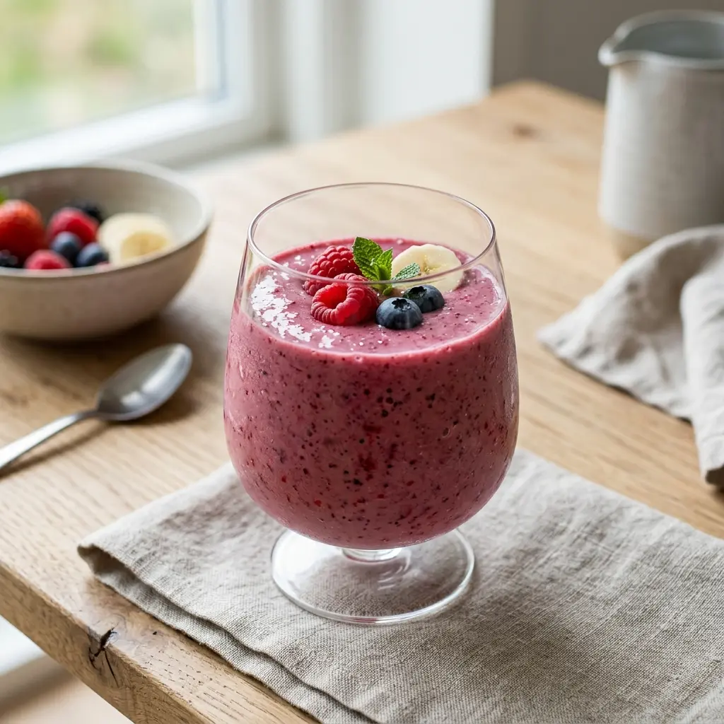 Et glass smoothie med bær og banan servert kaldt og friskt med enkel pynt