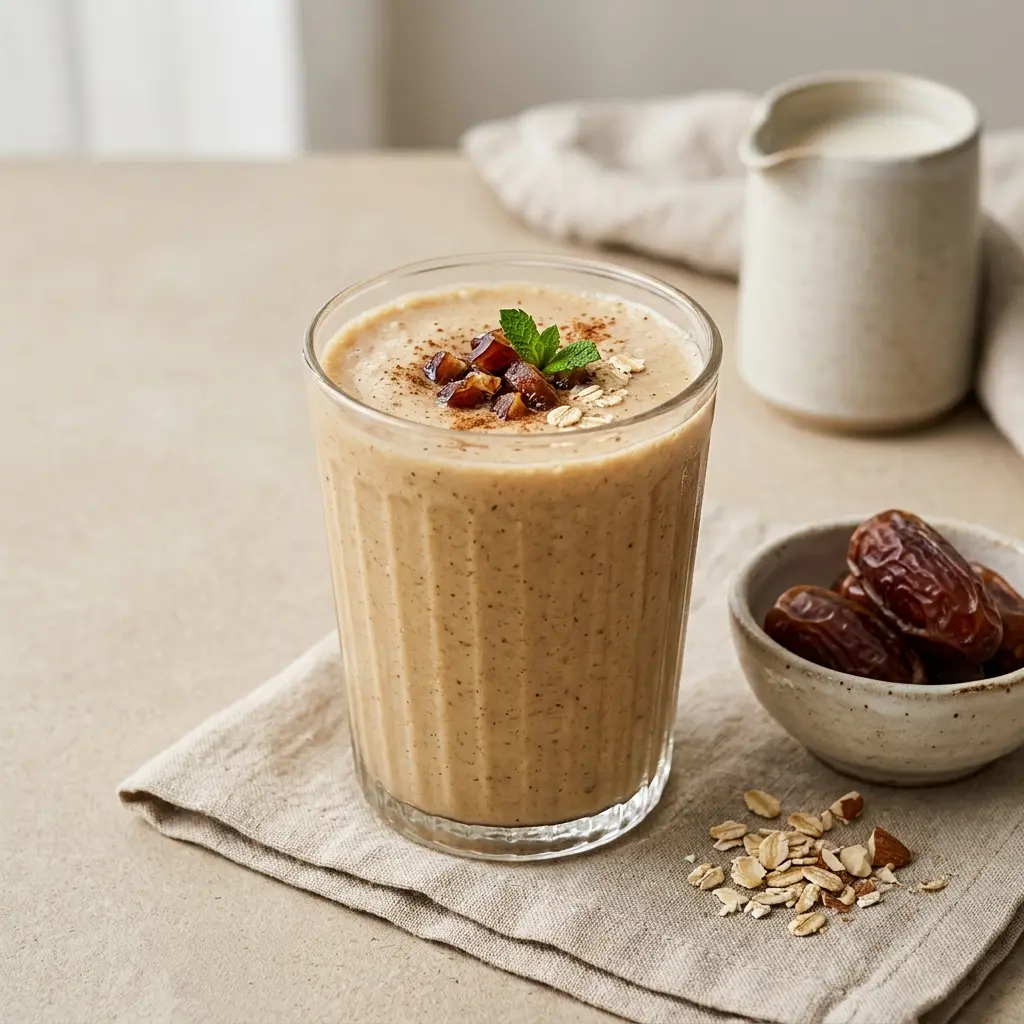 Et glass smoothie med dadler servert kaldt og friskt med enkel pynt