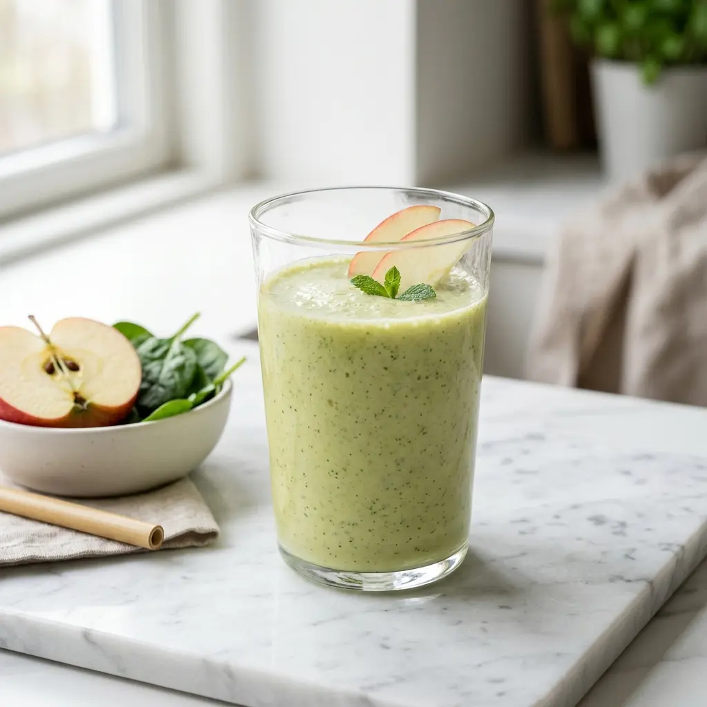 Et glass smoothie med eple servert kaldt og friskt med enkel pynt