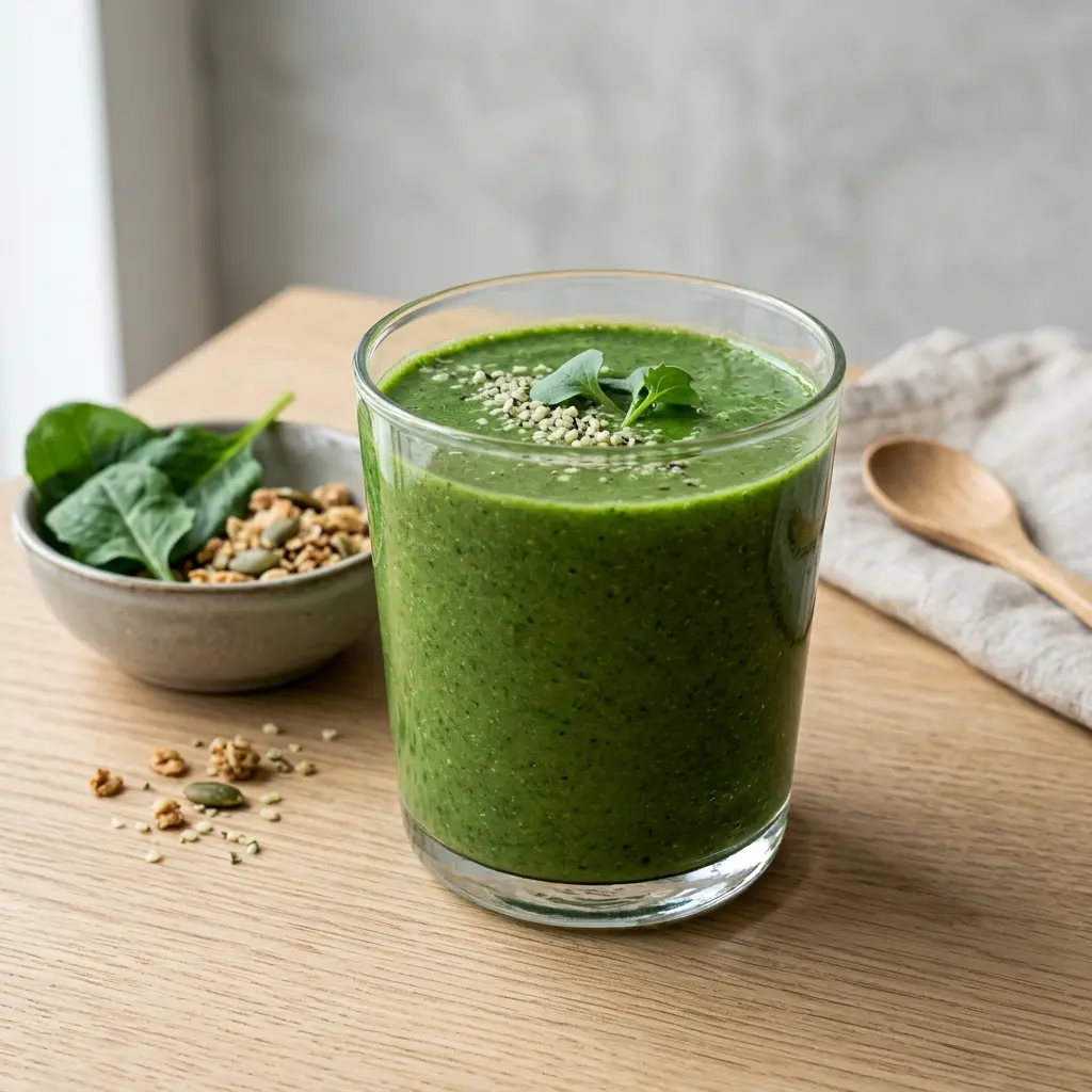 Et glass smoothie med grønnkål servert kaldt og friskt med enkel pynt