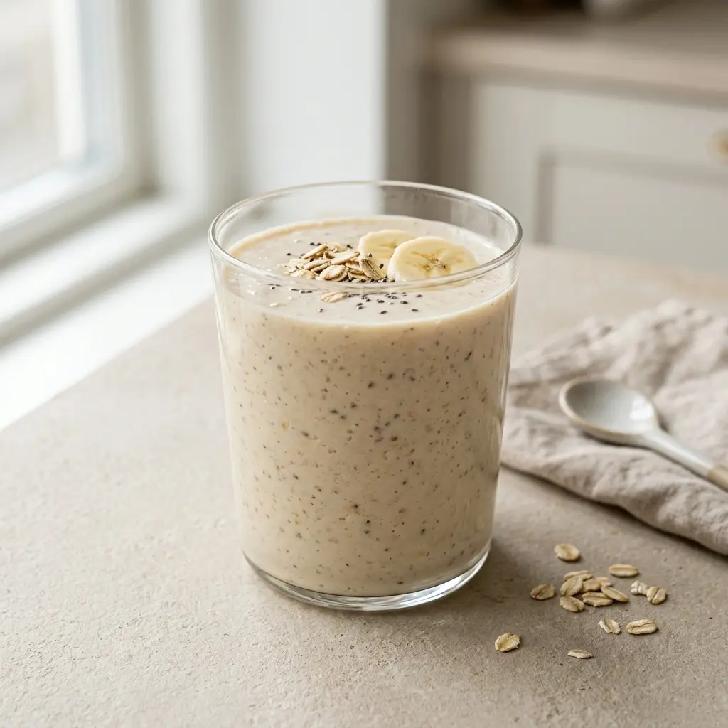 Et glass smoothie med havregryn servert kaldt og friskt med enkel pynt