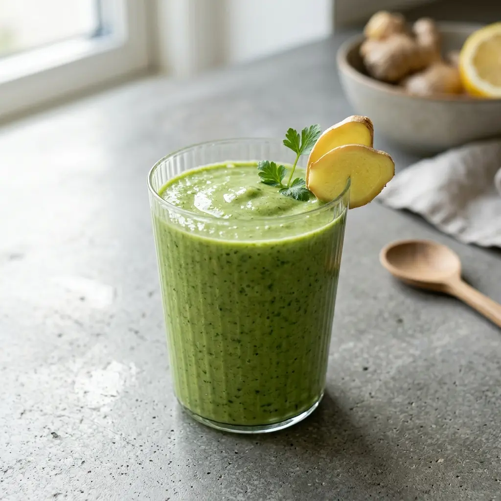 Et glass smoothie med ingefær servert kaldt og friskt med enkel pynt