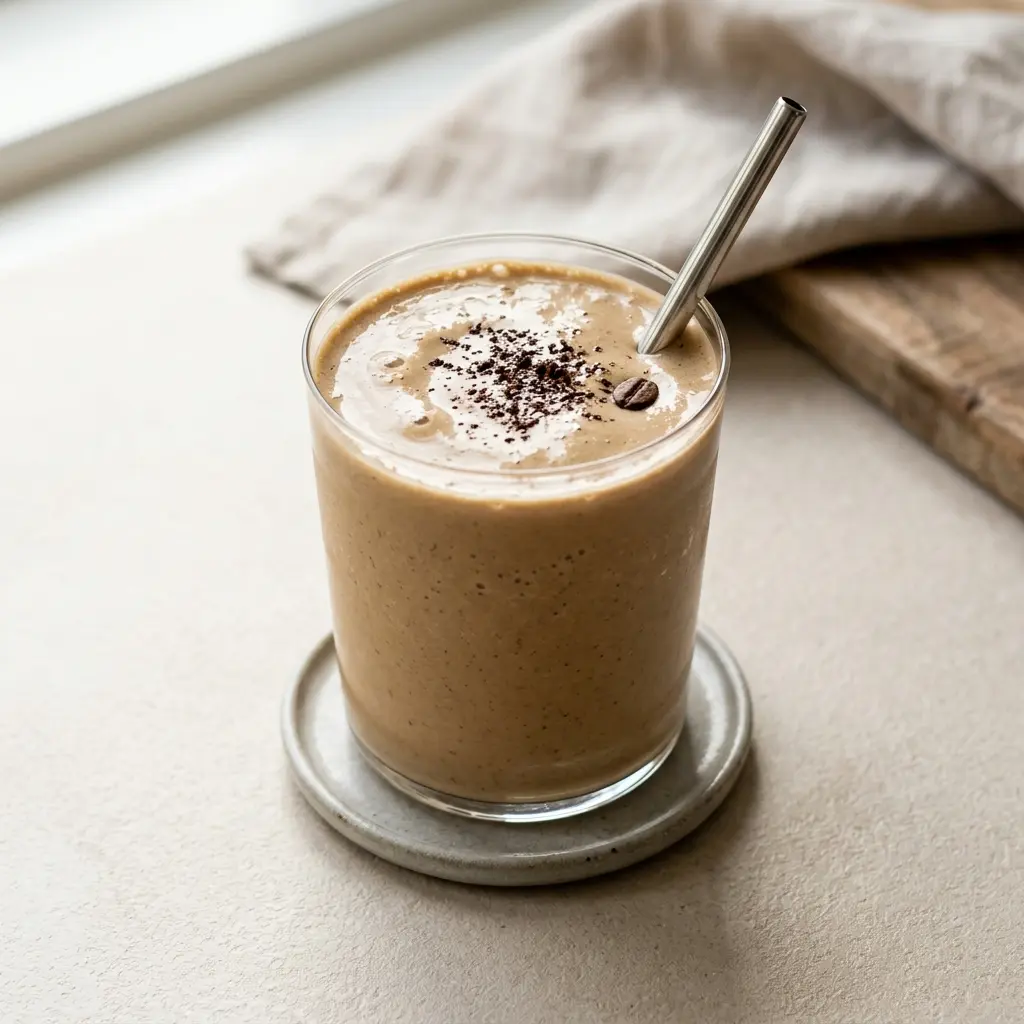 Et glass smoothie med kaffe servert kaldt og friskt med enkel pynt