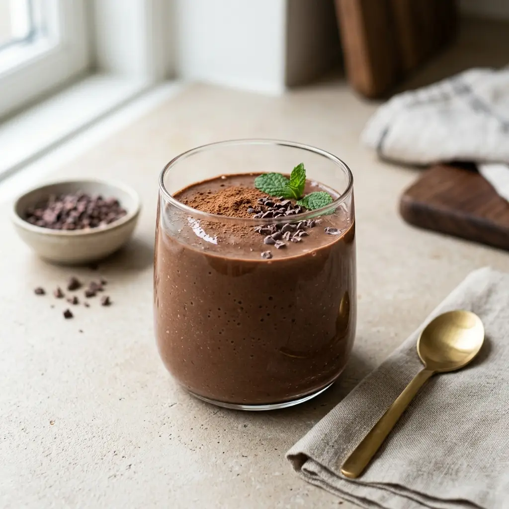 Et glass smoothie med kakao servert kaldt og friskt med enkel pynt
