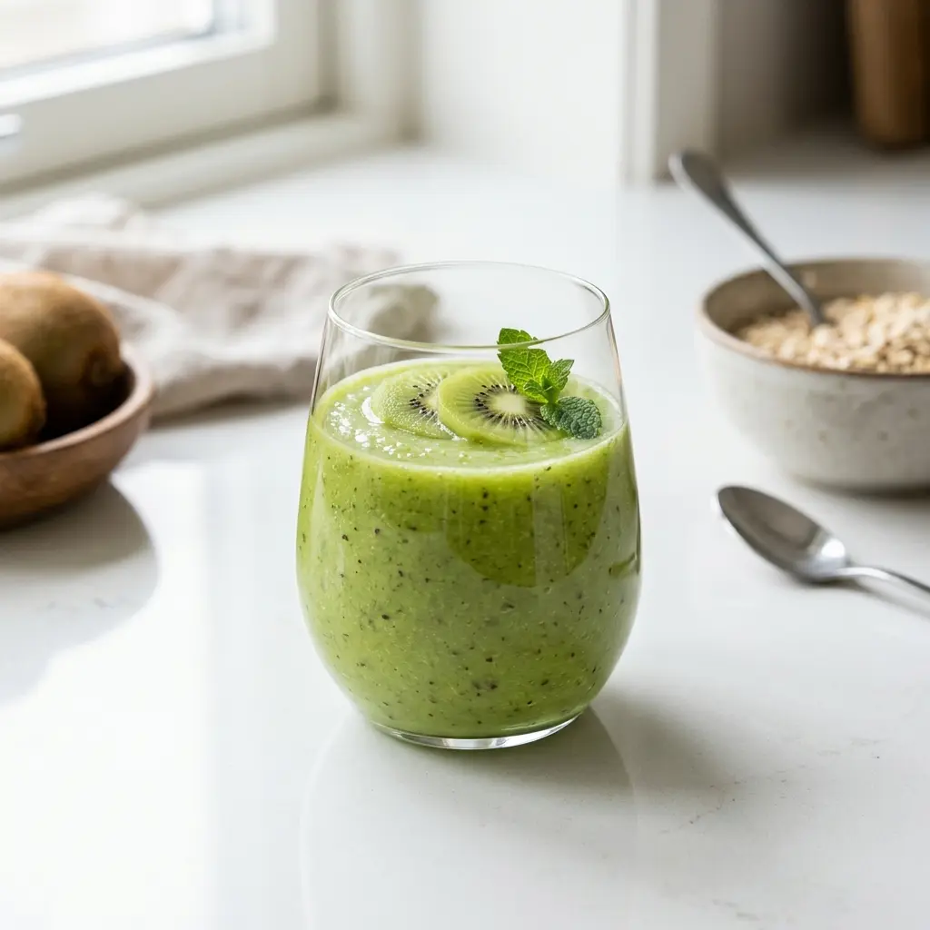 Et glass smoothie med kiwi servert kaldt og friskt med enkel pynt