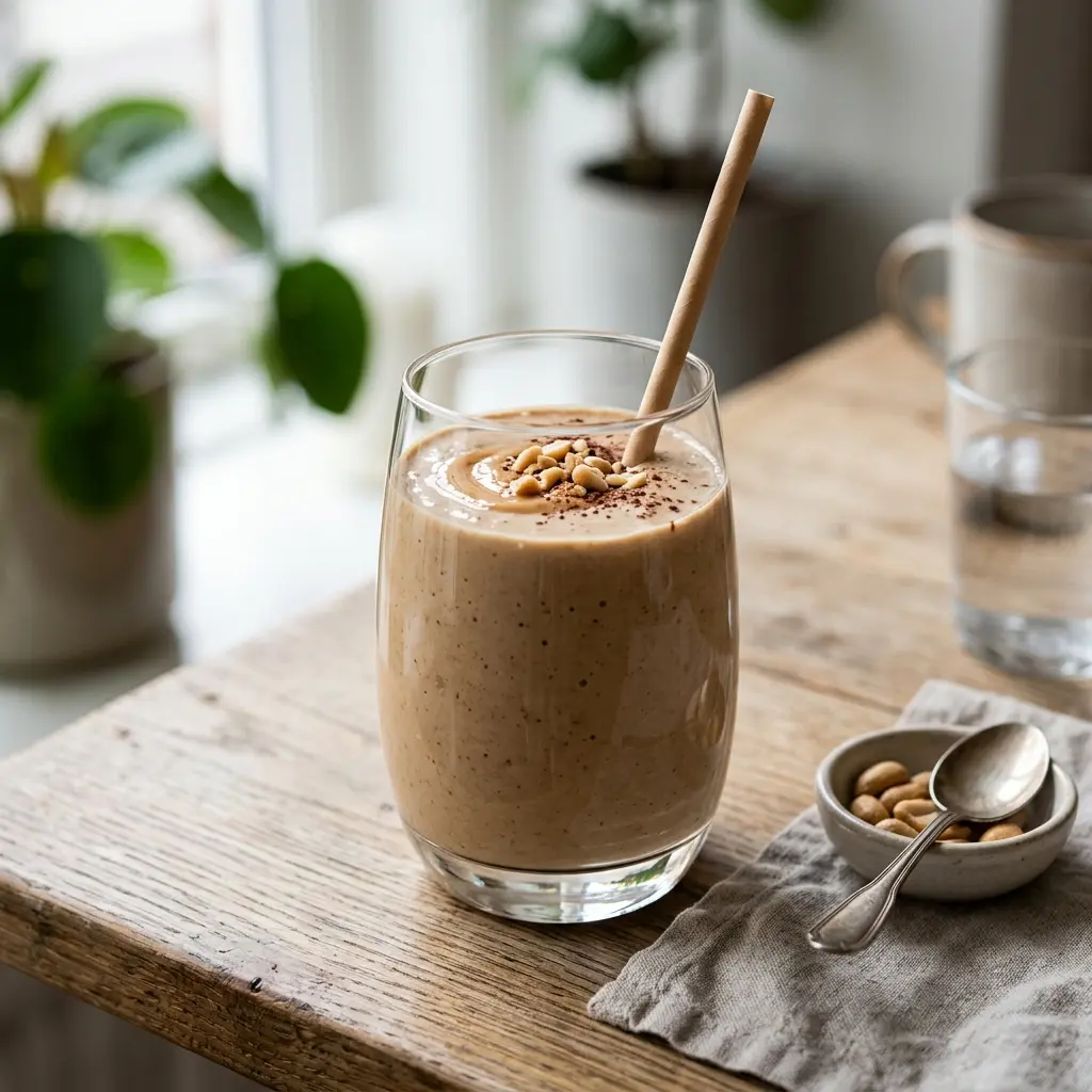 Et glass smoothie med peanøttsmør servert kaldt og friskt med enkel pynt