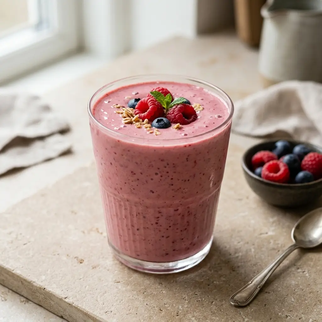 Et glass smoothie med yoghurt servert kaldt og friskt med enkel pynt