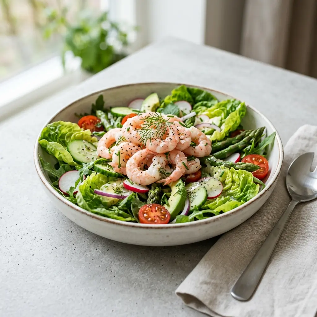 En frisk porsjon sommersalat med reker med ferske råvarer og fin servering