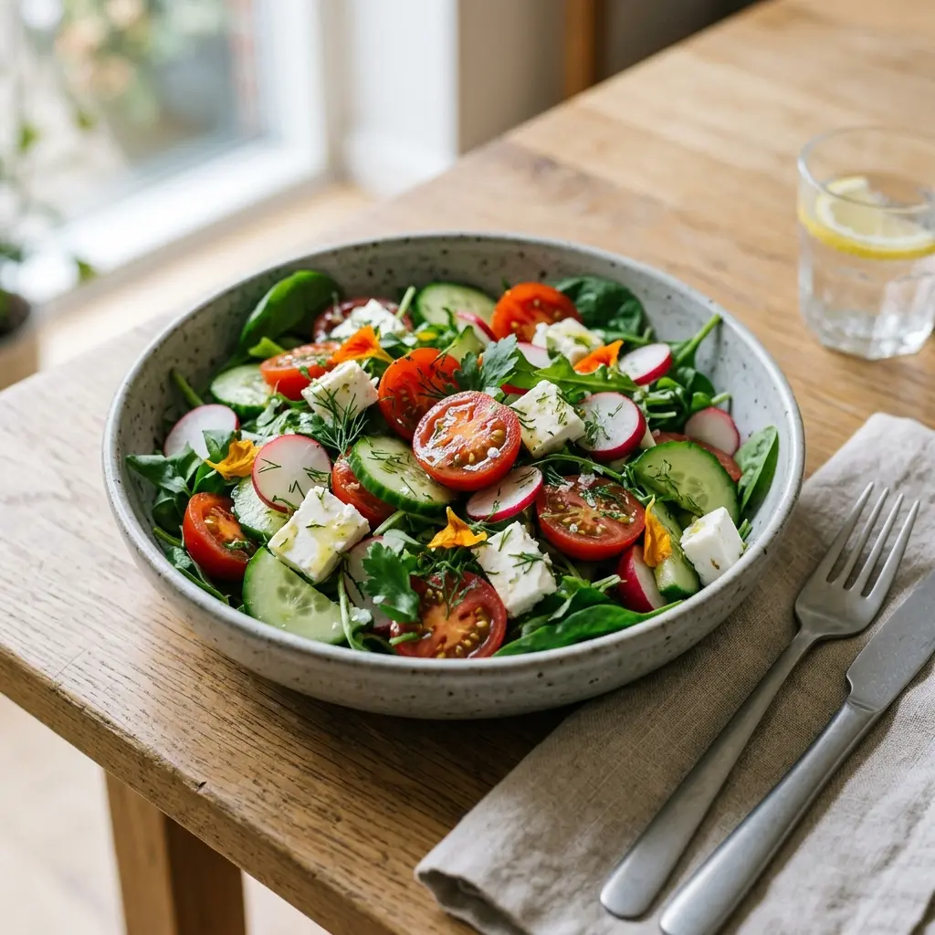 En frisk porsjon sommersalat med ferske råvarer og fin servering