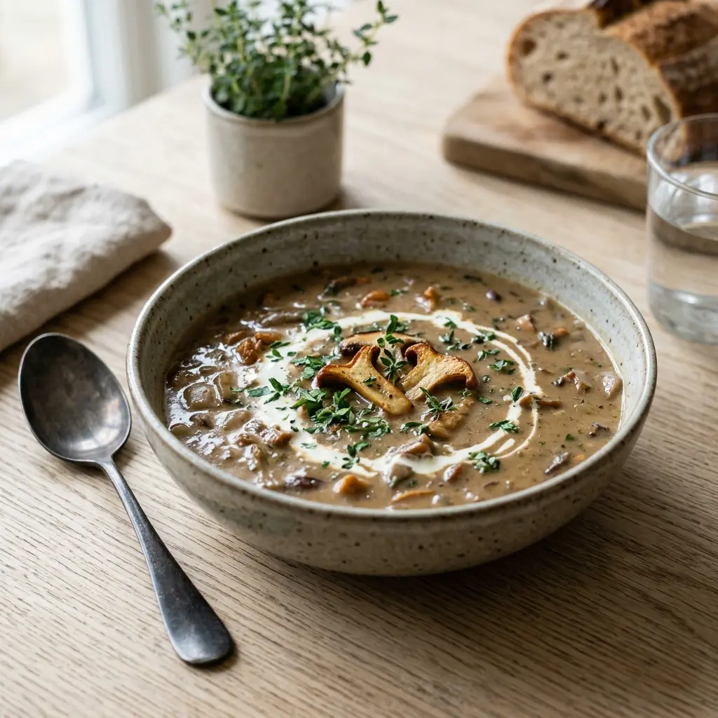 En varm porsjon soppsuppe servert på en innbydende måte
