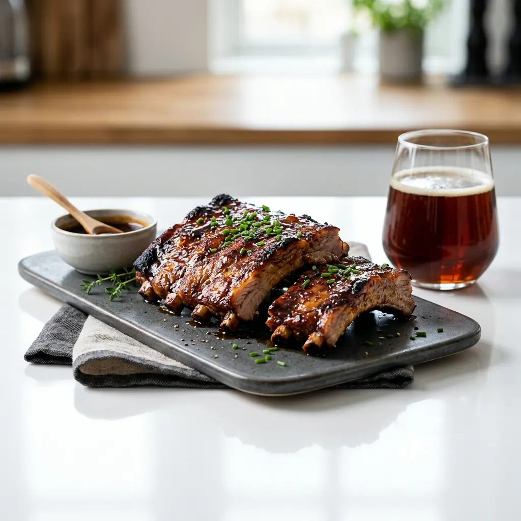 Nylaget spareribs i ovn servert på en appetittlig og hjemmelaget måte