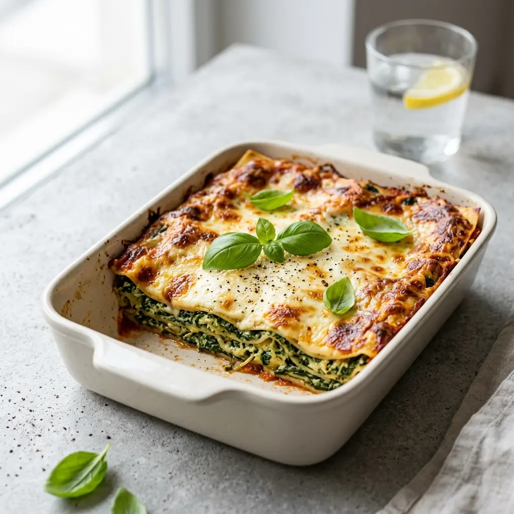 Nylaget spinatlasagne servert på en appetittlig og hjemmelaget måte