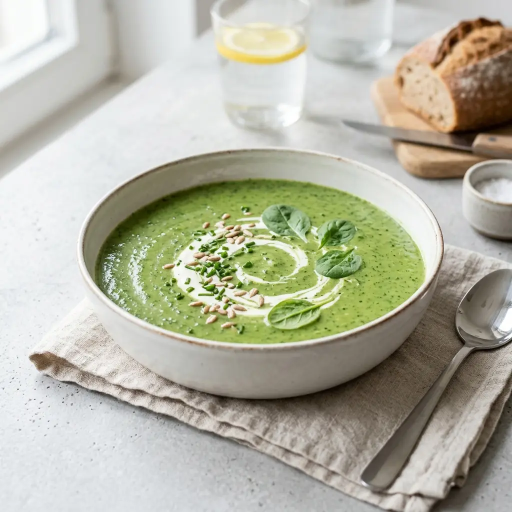 En varm porsjon spinatsuppe servert på en innbydende måte