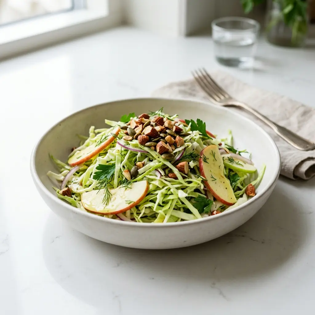 Spisskålsalat med eple servert som frisk salat