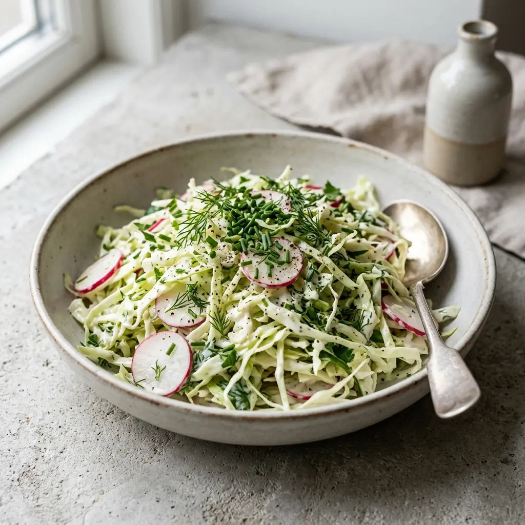 En skål med spisskålsalat med mormordressing klar til servering som smakfullt tilbehør