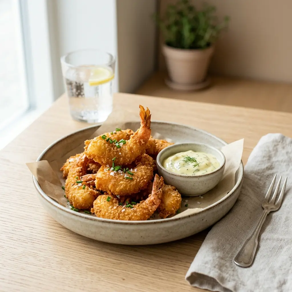 Nylaget sprø reker servert på en appetittlig og hjemmelaget måte