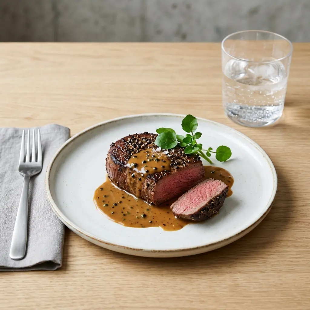 Nylaget steak au poivre servert på en appetittlig og hjemmelaget måte