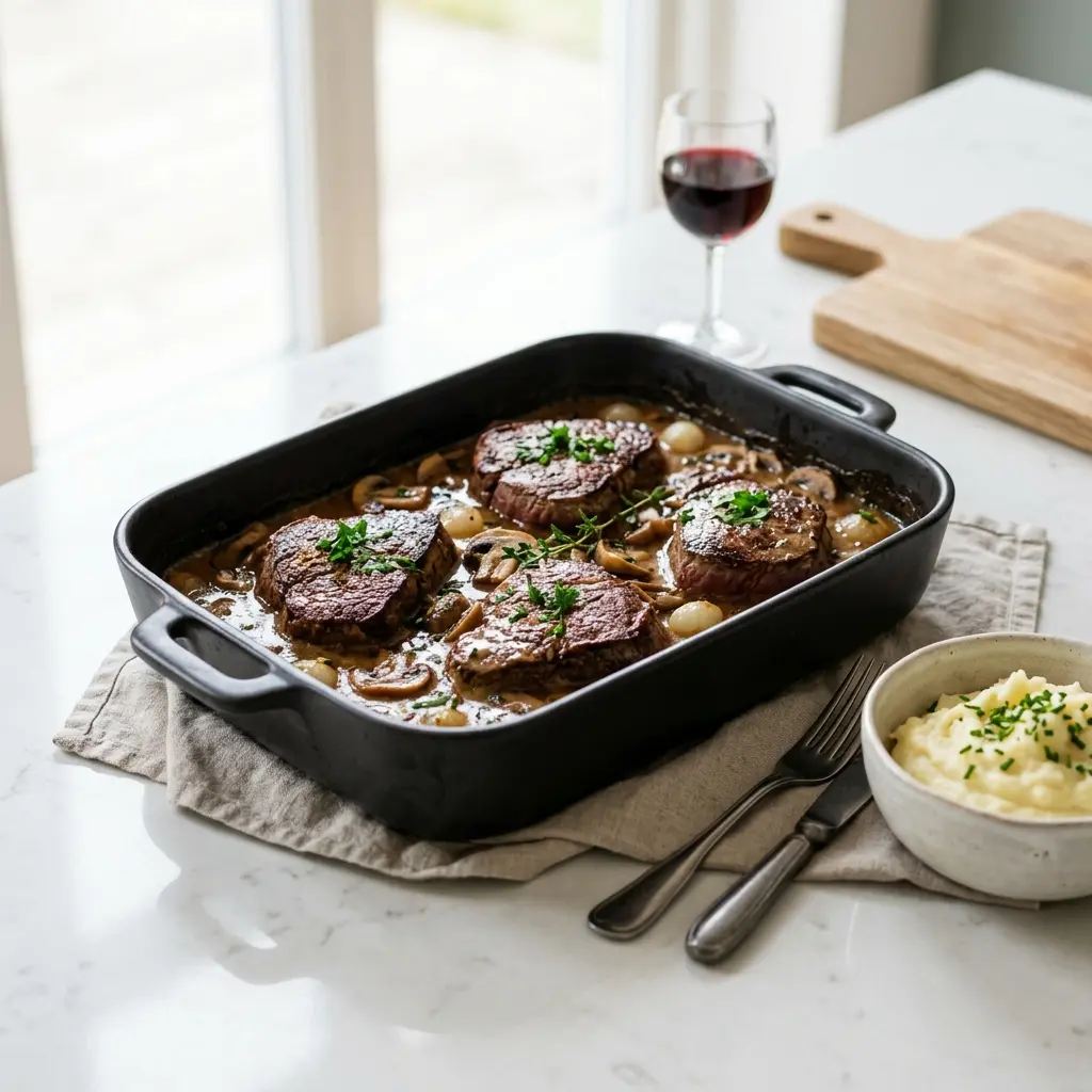 Nylaget steak i form servert på en appetittlig og hjemmelaget måte